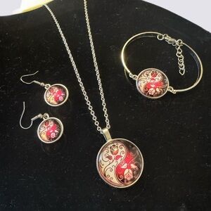 Necklace, Bracelet & Earring Set. Ying Yang Pink Floral